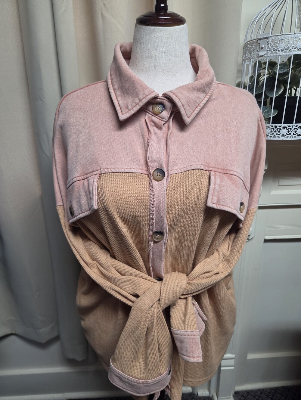 Casual Two-Tone Button-Front Women’s Top - Soft Orange & Peach Size 1X